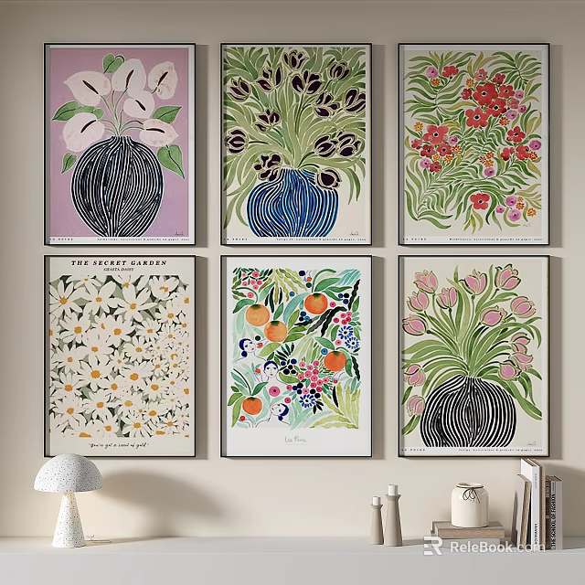 Colorful Floral Fruit Decorative Wall Art With Vase Plant Patterns For Home Interior 3d model 