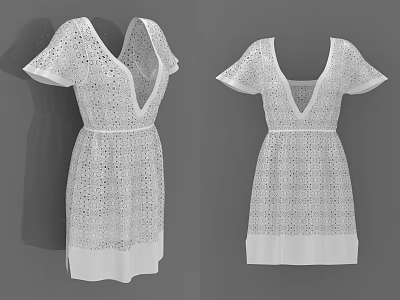Elegant Women's White Lace Design V neck Short Sleeves Summer Dress 3d model