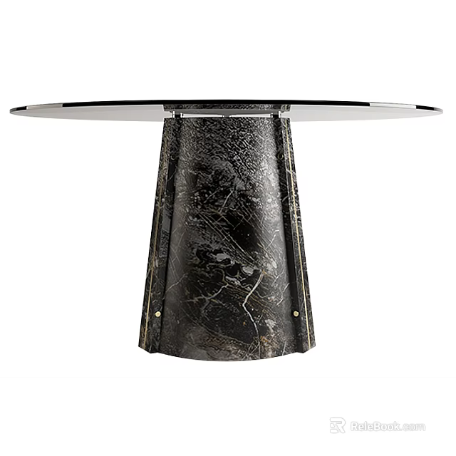 Modern Round Dining Table With Glass Top And Black Marble Conical Base 3d model 
