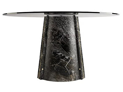 Modern Round Dining Table With Glass Top And Black Marble Conical Base 3d model