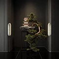 Bonsai Tree With Small Pagoda On Black Stand Against Dark Walls And Oval Decorative Lights