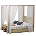 Natural Wood Frame Double Canopy Bed With White Sheer Curtains And Comfortable Bedding For Bedroom