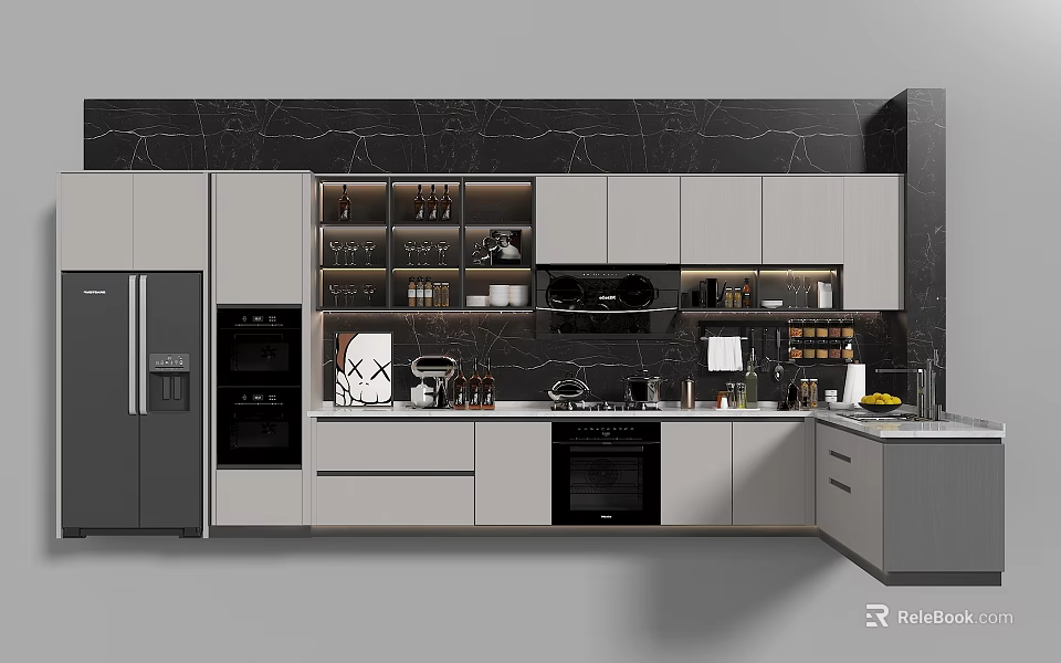 Sleek Modern Kitchen Interior With Grey Cabinets Black Marble Backsplash And Stainless Steel Kitchenware 3d model