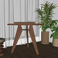 Wooden Round Outdoor Table By Window With Stool Potted Plants And Green Lawn View