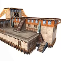 Cartoon Scene Of Ancient Multi level Building With Stone Walls Wooden Railings Staircase And Banner