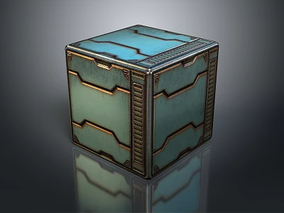 Decorative Cube Structure With Blue Surface Gold Accent Frames And Geometric Patterns 3d model