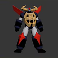 Red Blue And Gold Mecha Robot Character With Golden Horns And Chest Armor
