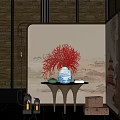 Elegant Blue and White Vase With Red Flowers on Black Small Table and Decorative Wall