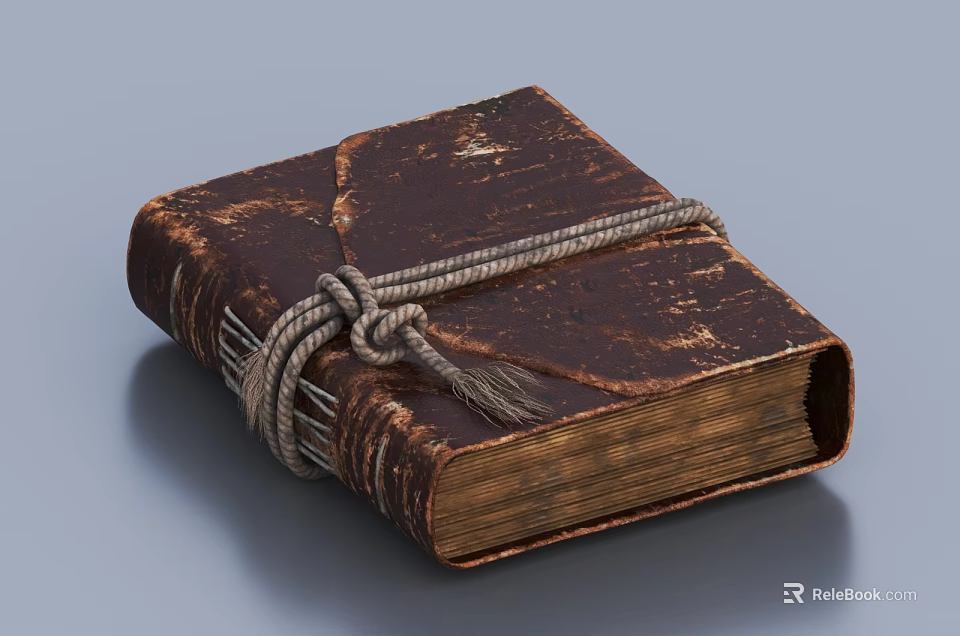 Vintage Old Book With Worn Brown Cover Tied With Twisted Rope And Decorative Tassel Detail 3d model 