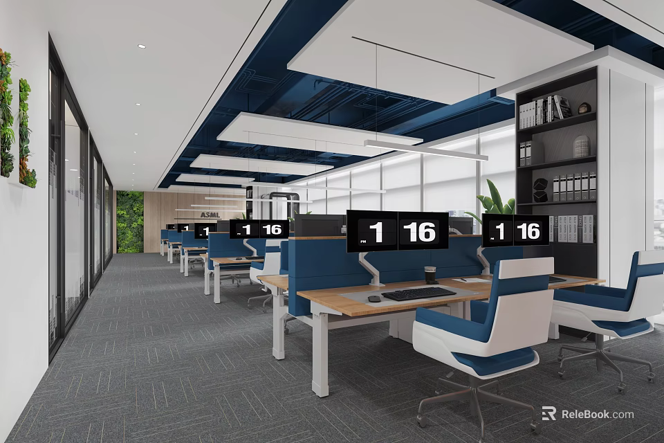 Modern Public Office Area With Spacious Workstations Computer Monitors Ergonomic Chairs And Large Windows 3d model