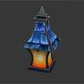 Elegant Decorative Lantern Furniture Featuring Blue Glass Shade Pointed Top And Warm Yellow Light