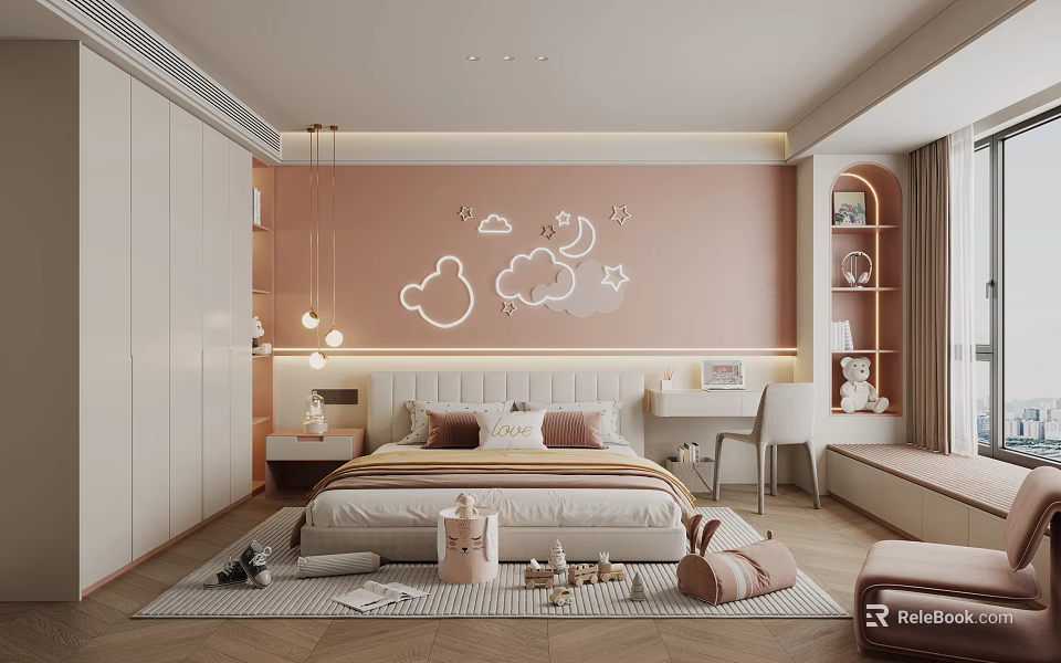 Cute Kids Room Interior With Pink Walls Cloud Moon Star Decals Bed And Desk 3d model 