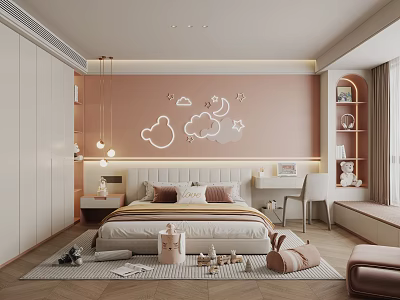 Cute Kids Room Interior With Pink Walls Cloud Moon Star Decals Bed And Desk 3d model