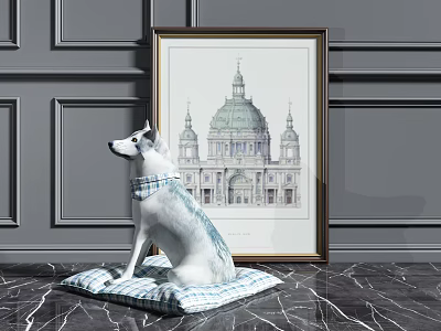White Reptile Statue Wearing Blue And White Scarf On Marble Floor With Framed Painting 3d model