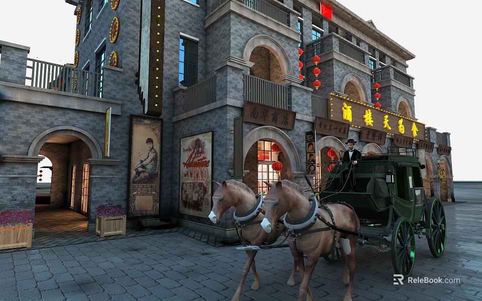 Ancient Architectural Style Commercial Street With Horse Drawn Carriage Red Lanterns And Store Signs 3d model 