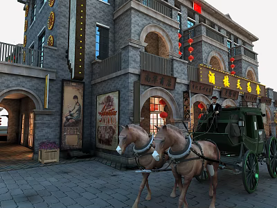Ancient Architectural Style Commercial Street With Horse Drawn Carriage Red Lanterns And Store Signs 3d model