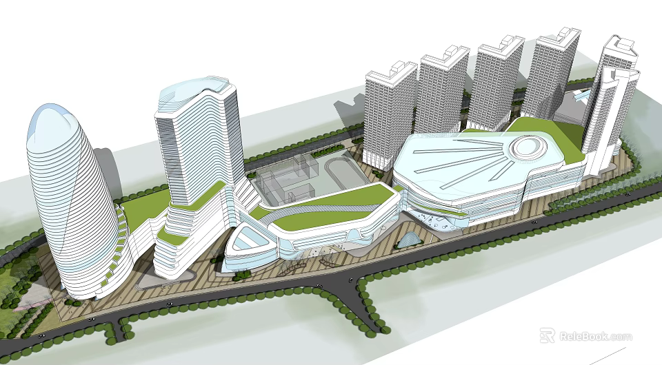 Modern Office Building Complex With High Rise Structures And Green Public Spaces 3d model 