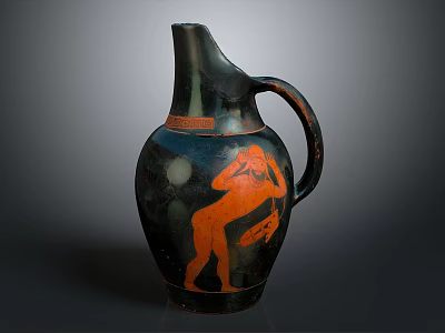 Ancient Black Pottery Sculpture With Handle And Red Human Figure Carving 3d model
