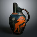 Ancient Black Pottery Sculpture With Handle And Red Human Figure Carving