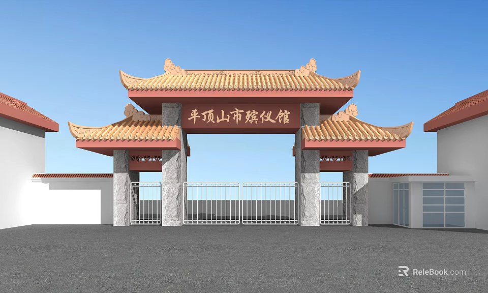 Chinese Style Funeral Home Entrance Gate With Red Roof Overhanging Eaves And Stone Pillars 3d model 