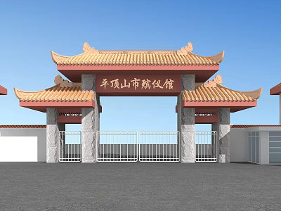 Chinese Style Funeral Home Entrance Gate With Red Roof Overhanging Eaves And Stone Pillars 3d model