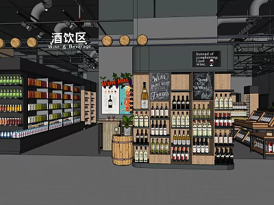 Supermarket Wine And Beverage Section With Shelves Bottles And Wooden Barrel 3d model