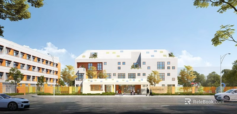 Modern School Building Exterior With Colorful Square Panels Rooftop Greenery And Entrance 3d model 