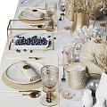 Luxury Tableware Set With Golden And White Plates Wine Glasses Napkins And Decorative Blueberries