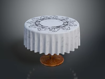 Round Table With White Tablecloth Featuring Black Floral Pattern And Wooden Base 3d model