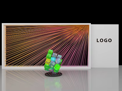 Colorful 3D Sculpture Green Yellow Blue On Black Base With Radial Line Art And LOGO 3d model
