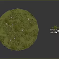 Round Green Platform with Lush Pine Trees and White Black Stones