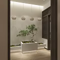Modern Chinese Style Elevator Hallway With Wooden Lattice Green Plant And Water Feature