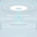 Futuristic White Corridor With Illuminated Lines Digital Screens And Symmetric Layout