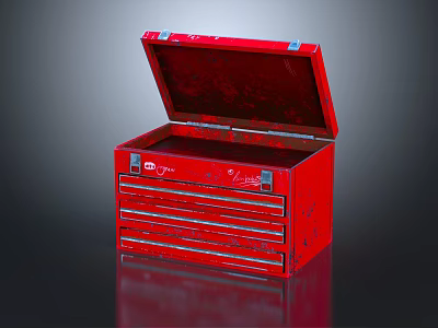 Red Metal Toolbox With Open Lid And Multiple Drawers For Hardware Storage 3d model