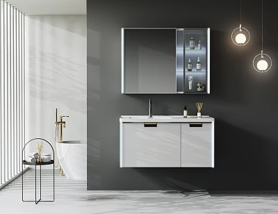 Modern Hotel Bathroom Interior With Wall Mounted Vanity Large Mirror And Pendant Lights 3d model