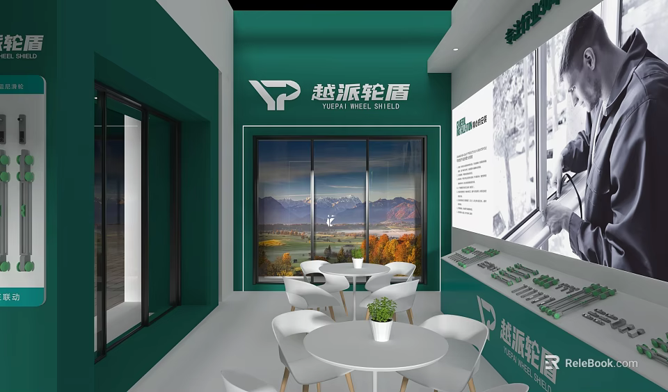 Yuepai Lunda Store Interior With Green Walls Large Windows Scenic View White Tables Chairs 3d model 