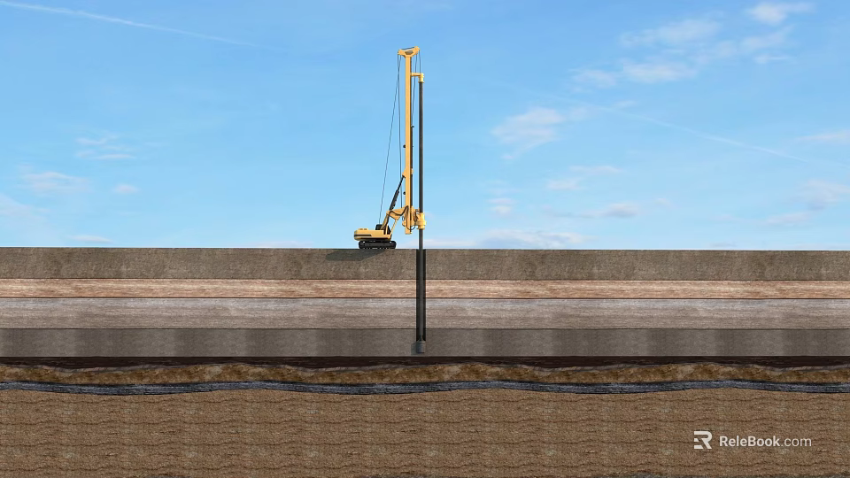Yellow Industrial Pile Driver Working At Outdoor Construction Site For Foundation Treatment Process 3d model 