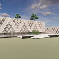 Modern Library Building With Geometric Patterned Facade And Surrounding Trees 3d model