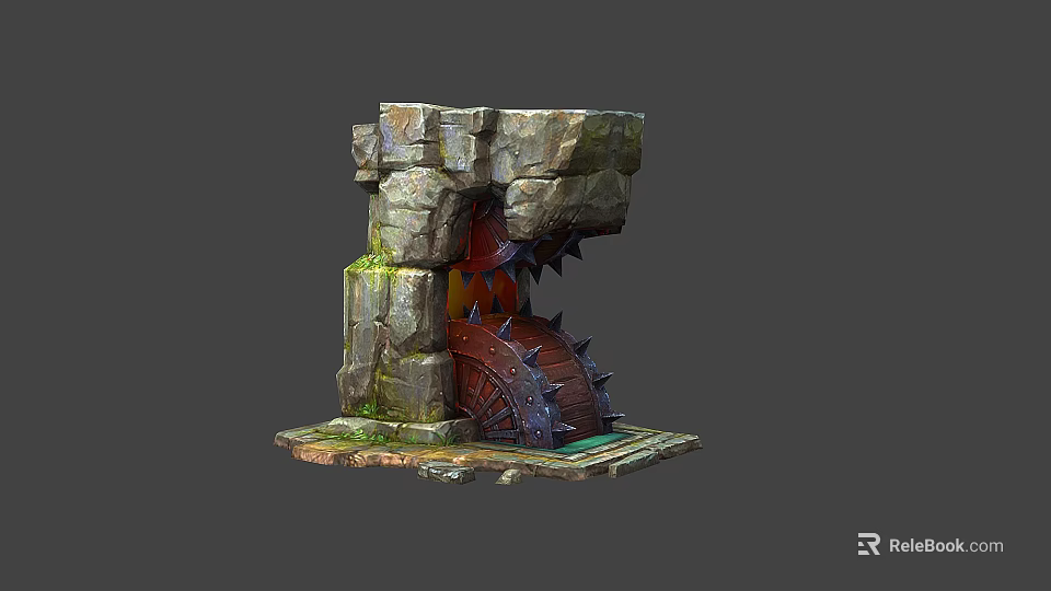 Detailed Rock Structure Gate With Gears Spikes And Moss Decorative Design 3d model 