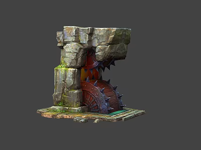 Detailed Rock Structure Gate With Gears Spikes And Moss Decorative Design 3d model