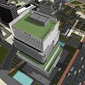 Modern Global Office Tower With Glass Facade Evening Lights Urban Street Pedestrians Trees