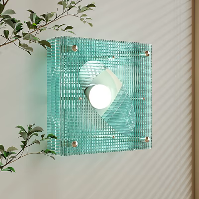 Modern Turquoise Glass Wall Light with Grid Design Mounted On White Wall With Green Plants 3d model
