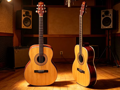 Acoustic Guitars In Recording Studio With Speakers Amplifier And Wooden Floor 3d model