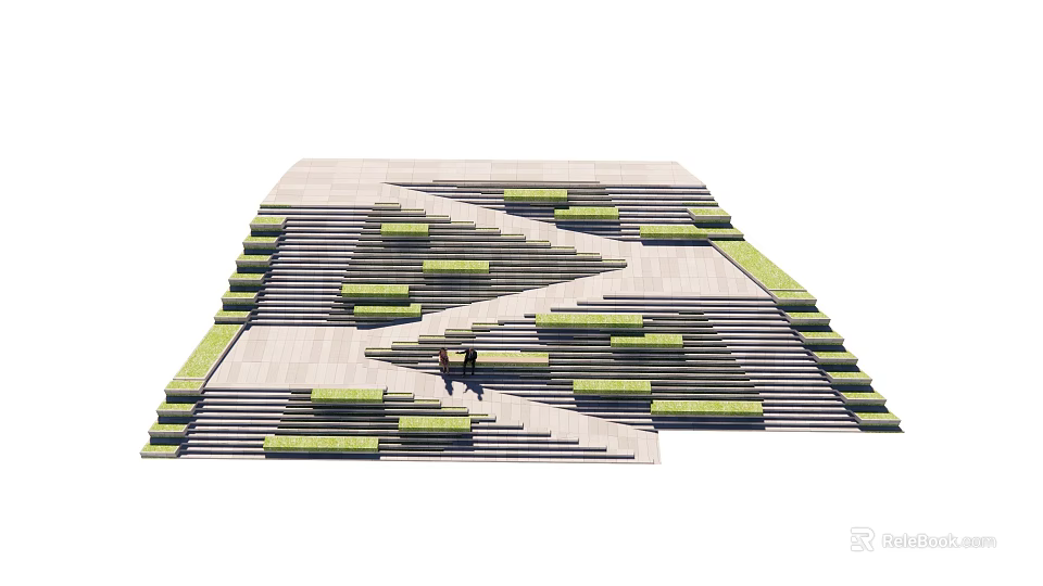Modern Outdoor Staircase With Green Decorative Steps And Two People Walking 3d model 