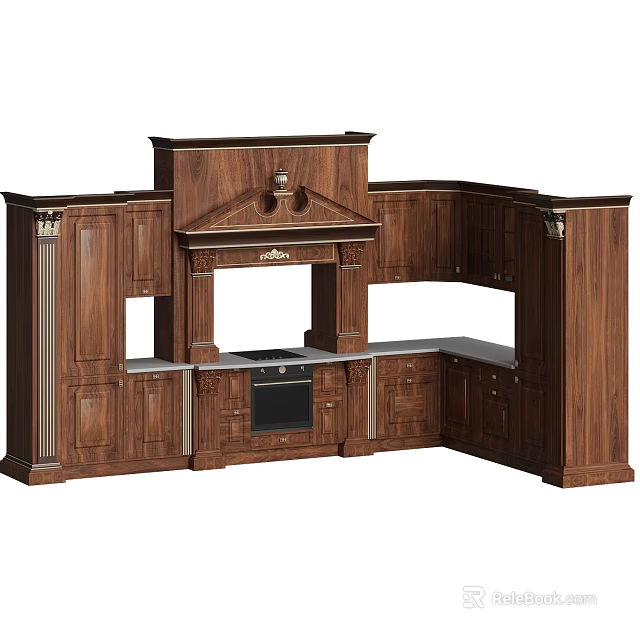 Traditional Wooden Kitchen Cabinet Set With Ornate Carvings And Classic Design 3d model 