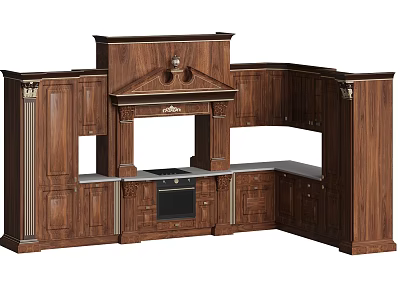 Traditional Wooden Kitchen Cabinet Set With Ornate Carvings And Classic Design 3d model