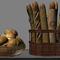 Fresh Baguettes and Round Breads in Wicker Baskets with Paper Bag