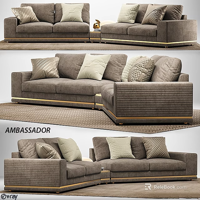 Elegant Gray Two Seater Sofa With Decorative Pillows And Gold Accents 3d model 