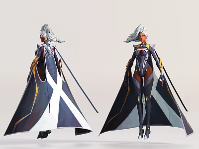 Futuristic Game Movie Character With Silver Hair Blue White Cape And Sword 3d model