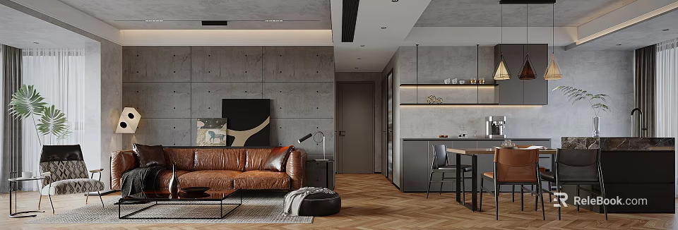 Modern Open Concept Living Room Featuring Brown Leather Sofa Gray Concrete Walls and Wooden Flooring 3d model 
